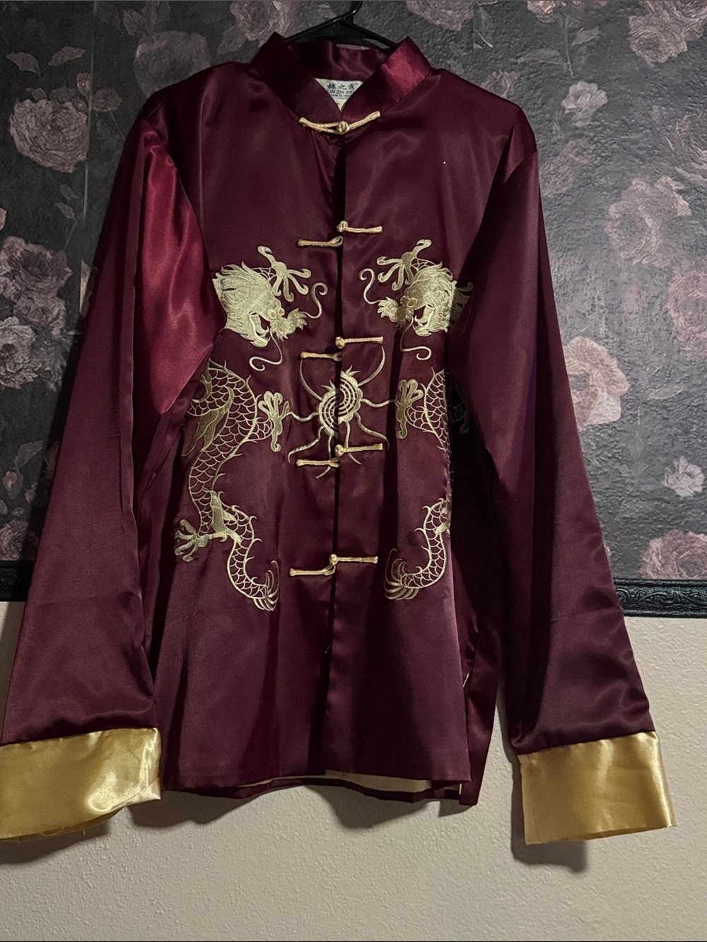 Maroon Satin Dragon Embroidered Jacket with Gold Trim